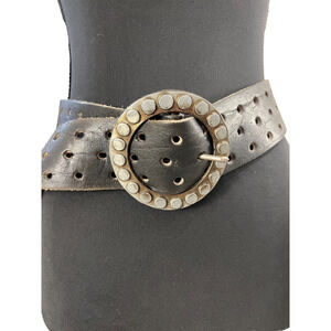 Black 2 Inch Wide Western Belt Brass Hammered Wheel Buckle Triple Rivet Unisex